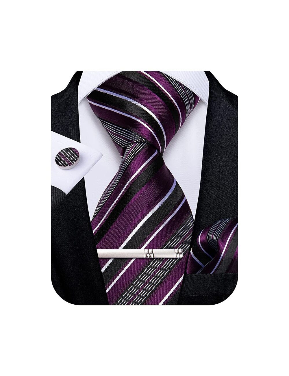 7861 Striped Tie Silk Woven Necktie and Pocket Square Cufflinks Tie Clip